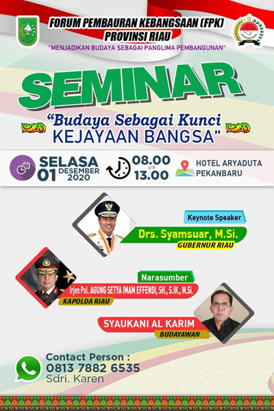 Diikuti Paguyuban se-Riau, Seminar FPK Hadirkan Gubri dan Kapolda